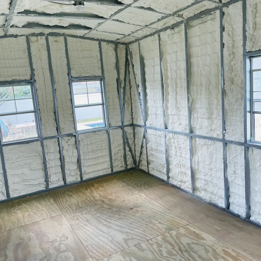 Closed-cell spray foam insulation applied to wall cavities in a residential project in San Buenaventura (Ventura)
